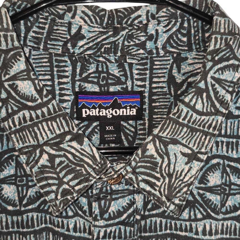 Patagonia Back Step Shirt Mens XXL Black Blue Hemp Organic Cotton Aloha Camp - Picture 2 of 10